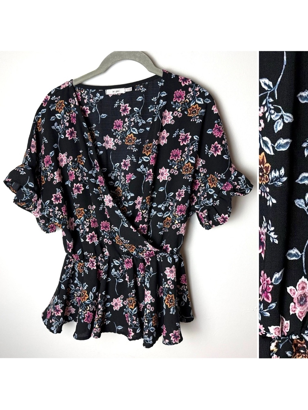 Mi Ami Blouse Size Small Top Short Sleeves Flowy Peplum Hem Floral Black Blue P